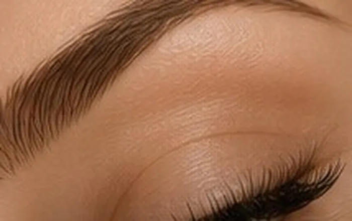 Close-up editorial image of natural brow and lashes