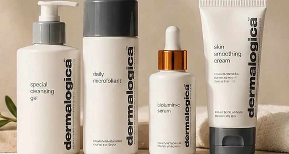 Dermalogica skincare products on a neutral display